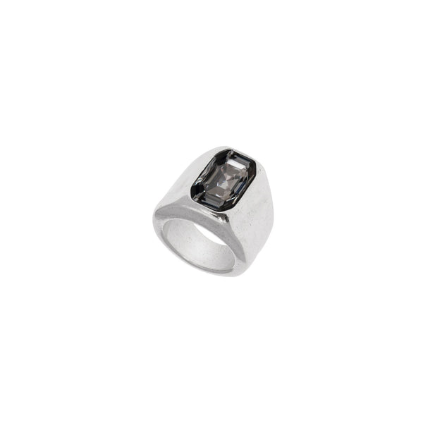 Silver irregular wide ring with rectangle smoky quartz, dark crystal