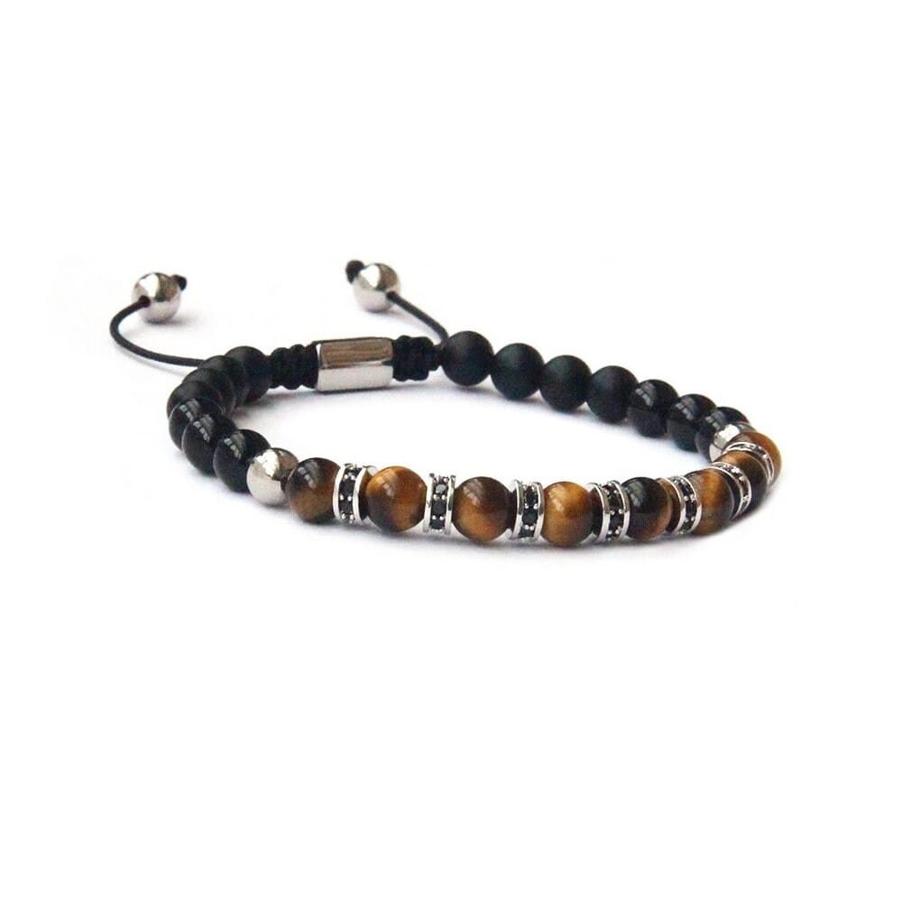 Black Onyx & Tiger Eye Bracelet, Tiger's Eye & Black Onyx Silver Color Steel Beads Bracelet