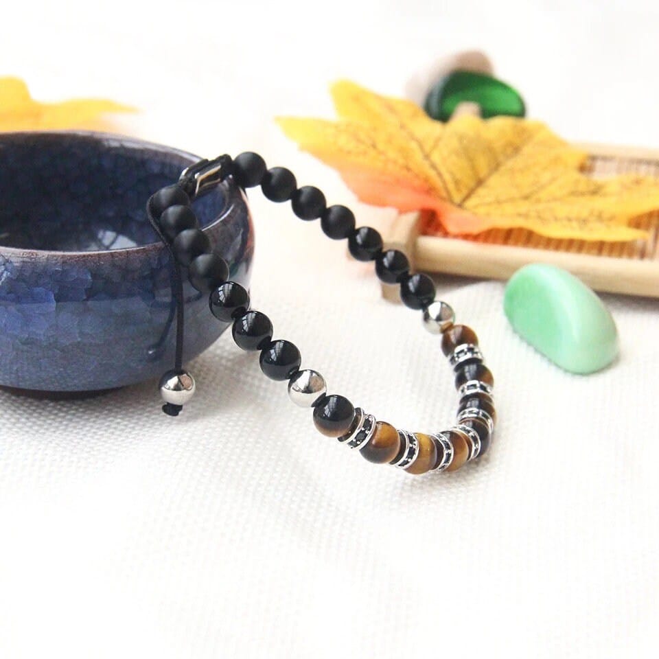 Black Onyx & Tiger Eye Bracelet, Tiger's Eye & Black Onyx Silver Color Steel Beads Bracelet