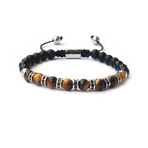 Black Onyx & Tiger Eye Bracelet, Tiger's Eye & Black Onyx Silver Color Steel Beads Bracelet