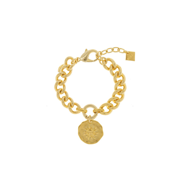 Gold curb chain bracelet with one central double sided coin, Gold plated