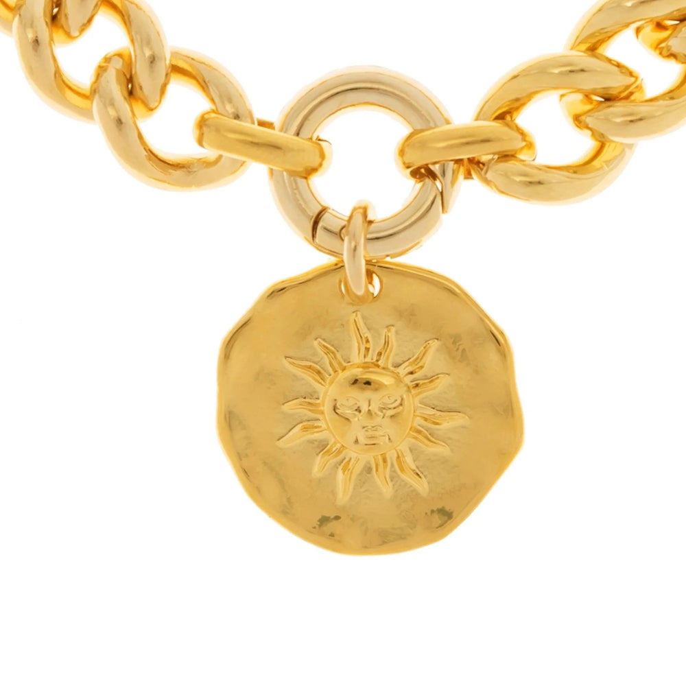 Gold curb chain bracelet with one central double sided coin, Gold plated