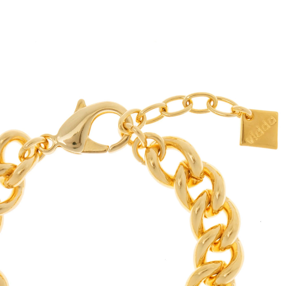 Gold curb chain bracelet with one central double sided coin, Gold plated