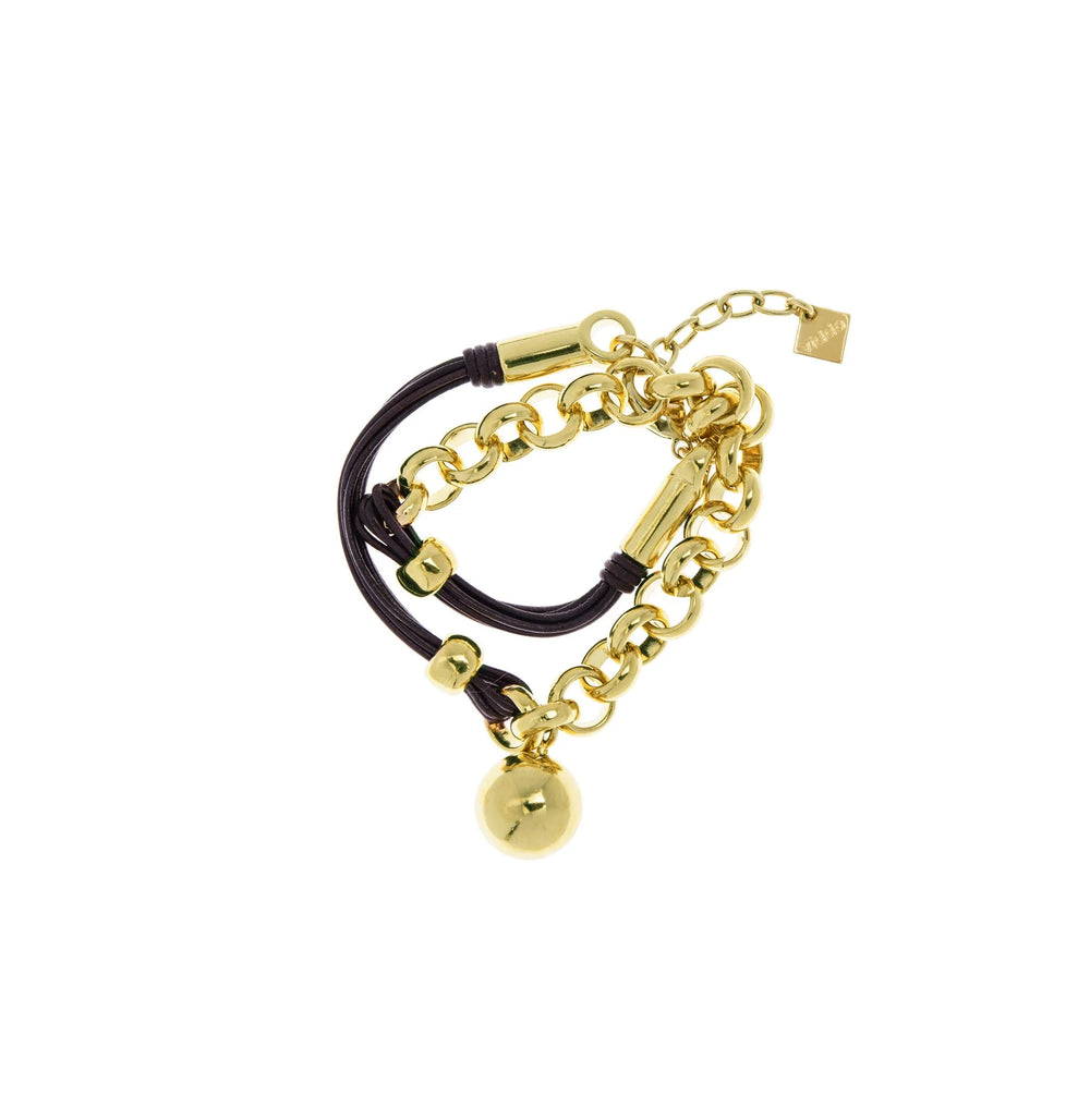 Leather cord and gold plated rolo chain bracelet with a hanging ball in the center