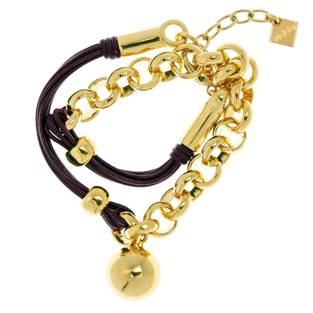 Leather cord and gold plated rolo chain bracelet with a hanging ball in the center