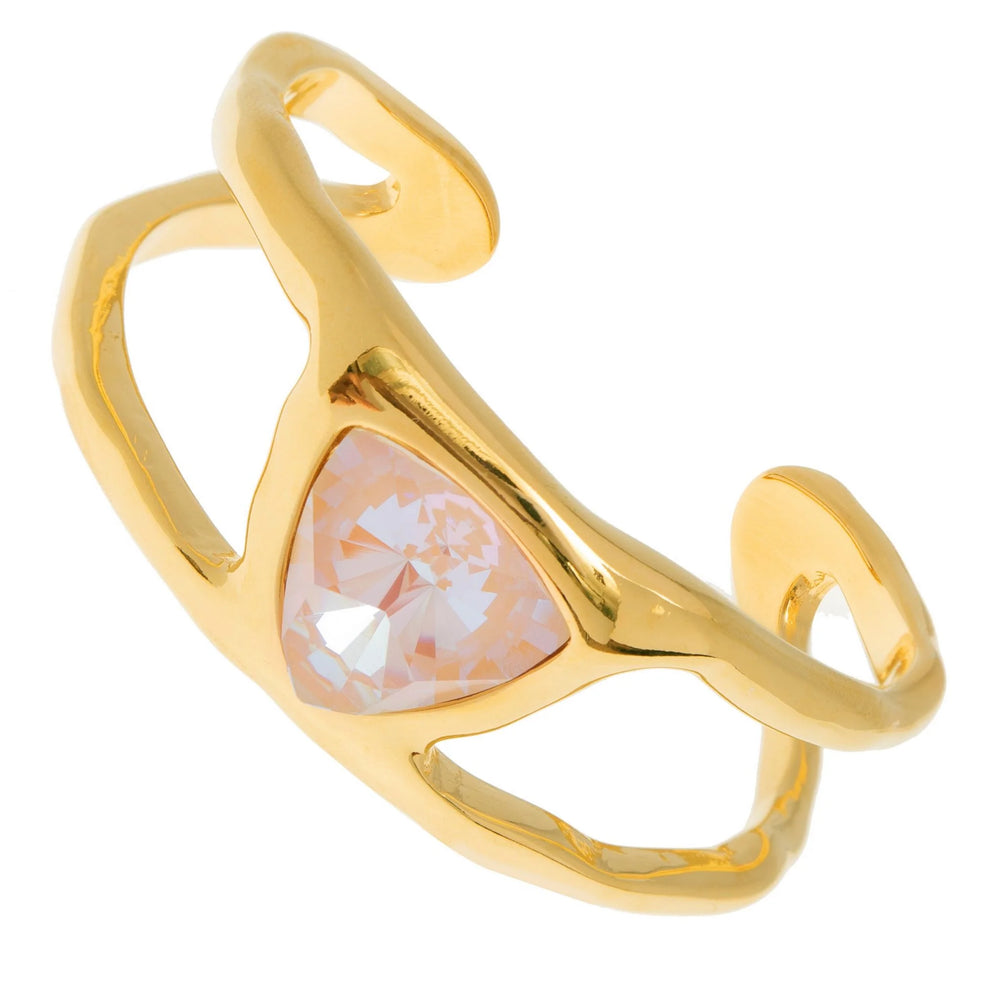 Gold Plated Cuff Bracelet With Central Triangle Rose Quartz Crystal