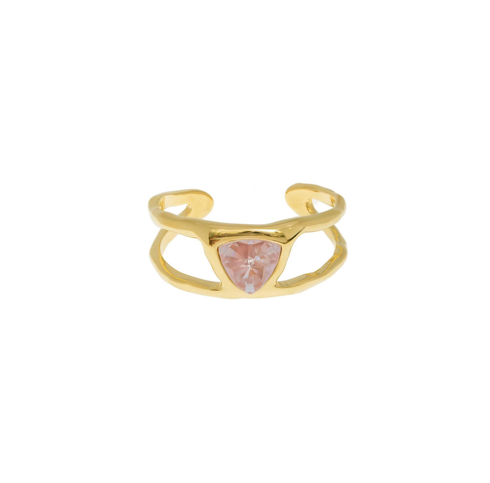 Gold Plated Cuff Bracelet With Central Triangle Rose Quartz Crystal