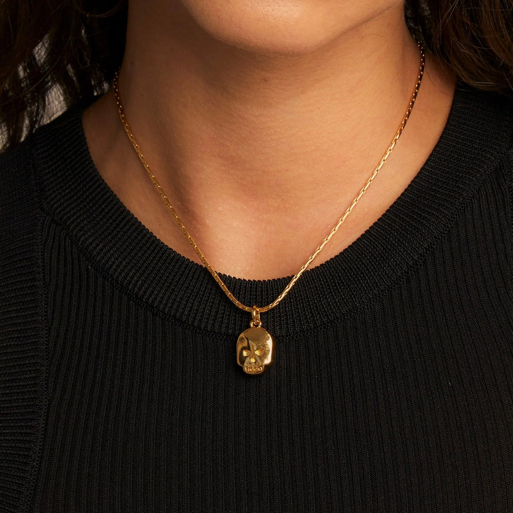 Gold Skull Necklace, Gold plated oat chain necklace with a hanging small crystal skull charm