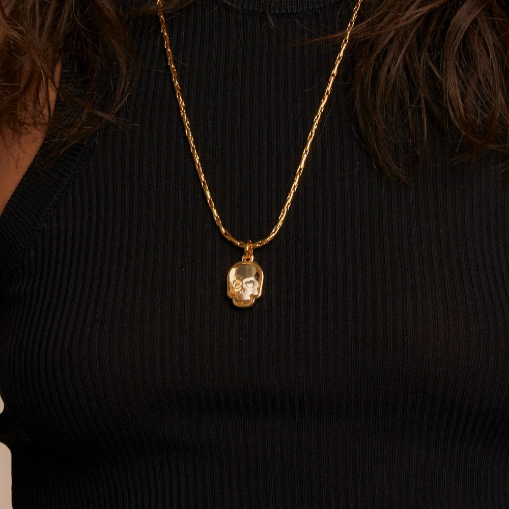 Gold Skull Necklace with Dark Crystal, Gold Plated long oat chain necklace with a hanging big crystal skull charm