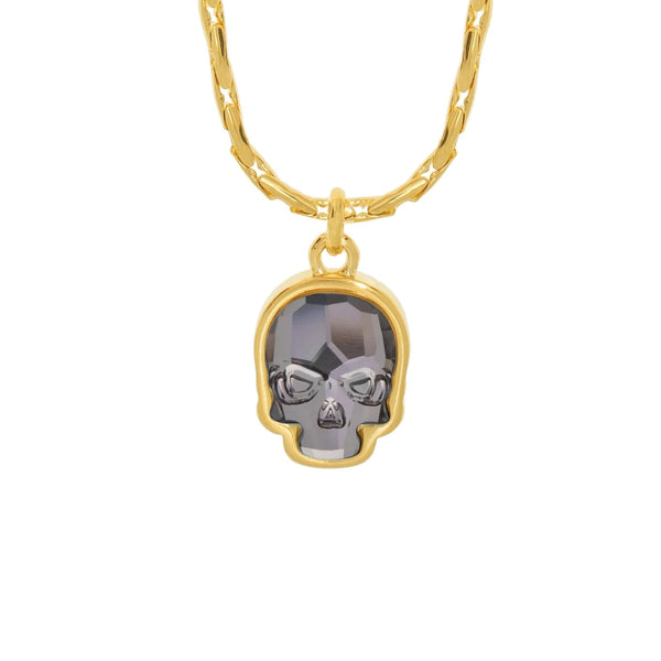 Gold Skull Necklace with Dark Crystal, Gold Plated long oat chain necklace with a hanging big crystal skull charm