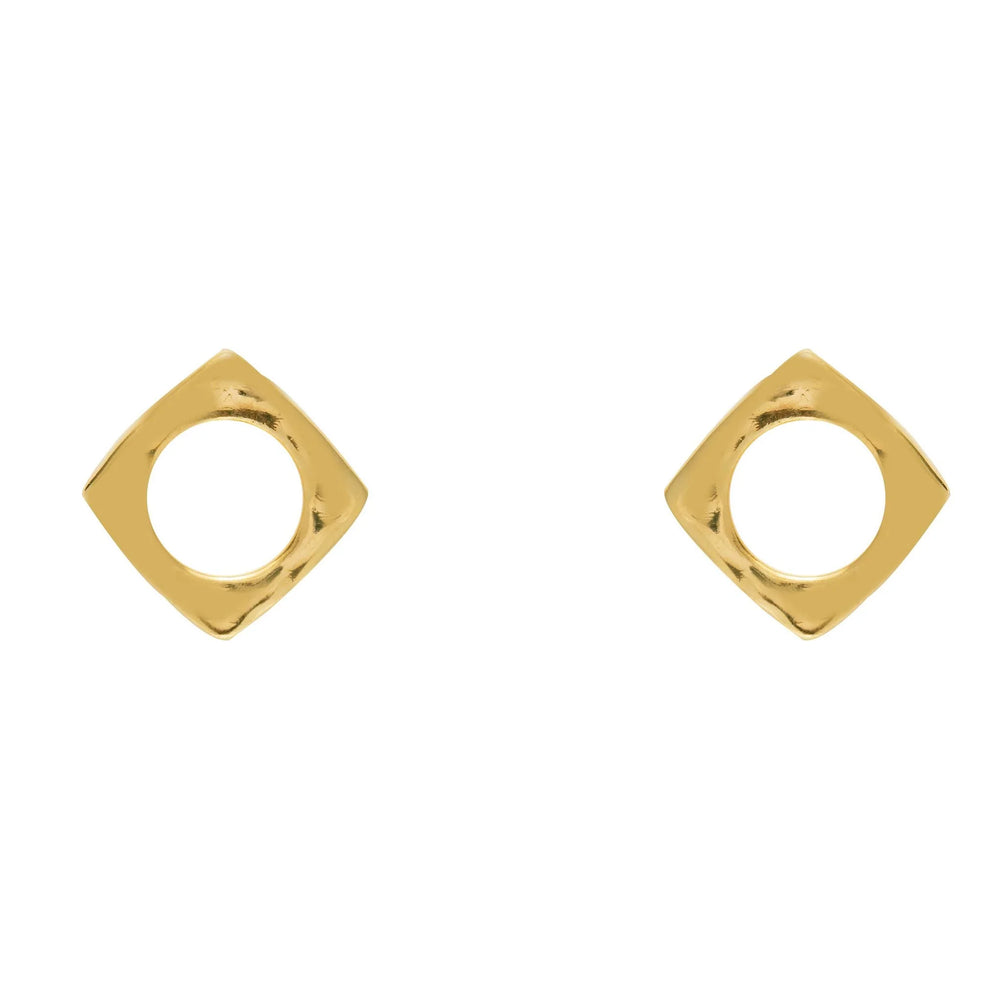 Gold plated square stud earrings with centre circle hole