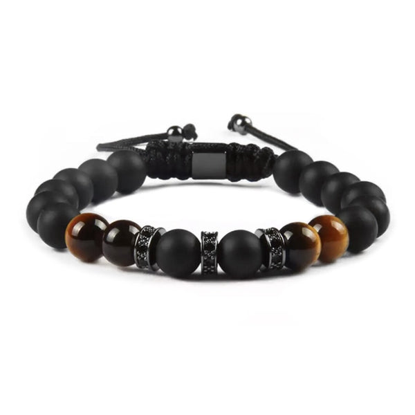 Black Onyx & Tiger Eye Bracelet, Matte Onyx Tiger's Eye & Black Color Steel Beads Bracelet