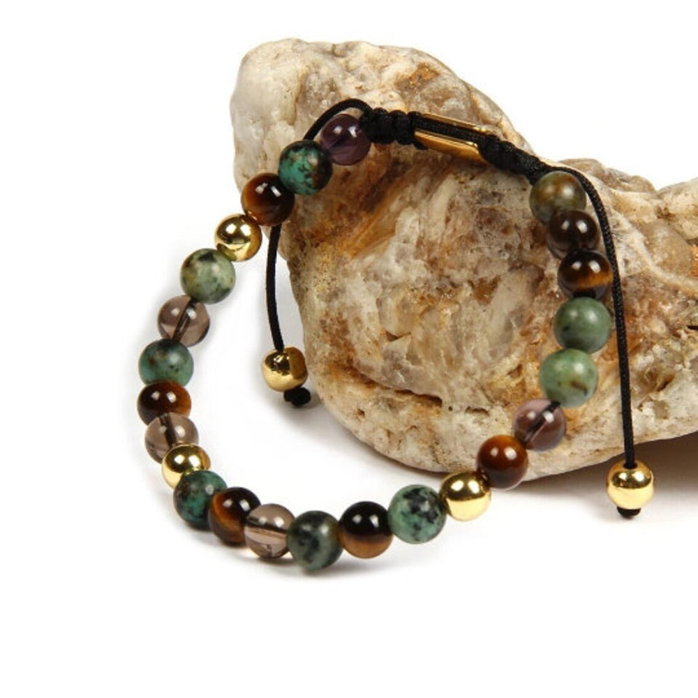 Tiger's Eye, Green Jasper, Smoky Quartz & Gold Color Beads Bracelet