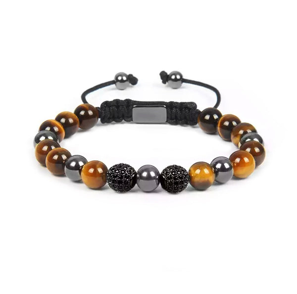 Mens Tiger Eye Bracelet, Steel Beads & Tiger's Eye With Cubic Zirconia Bracelet