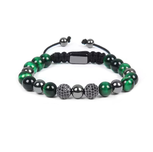 Green Tiger Eye Bracelet, Steel Beads & Green Tiger's Eye With Cubic Zirconia Bracelet