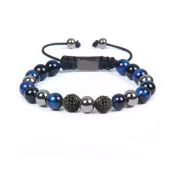 Blue Tiger Eye Bracelet, Steel Beads & Blue Tiger's Eye With Cubic Zirconia Bracelet for Men