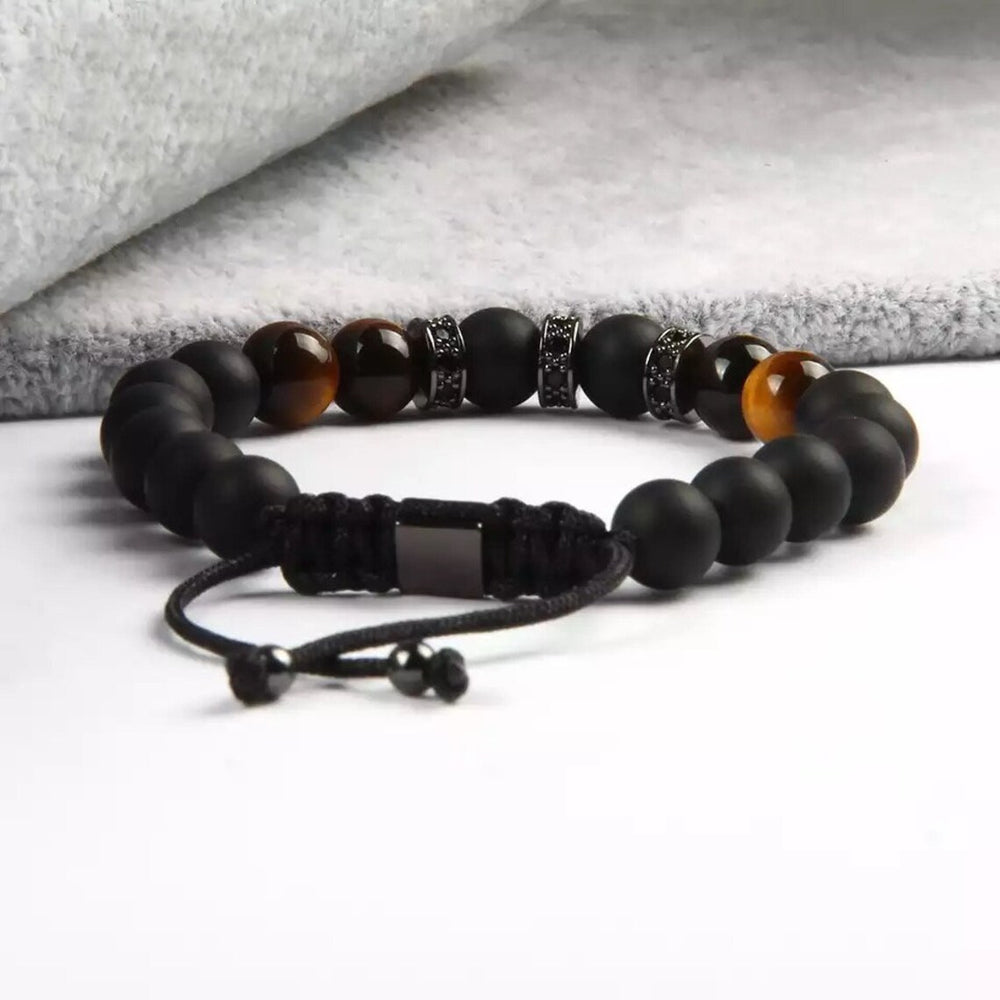 Black Onyx & Tiger Eye Bracelet, Matte Onyx Tiger's Eye & Black Color Steel Beads Bracelet