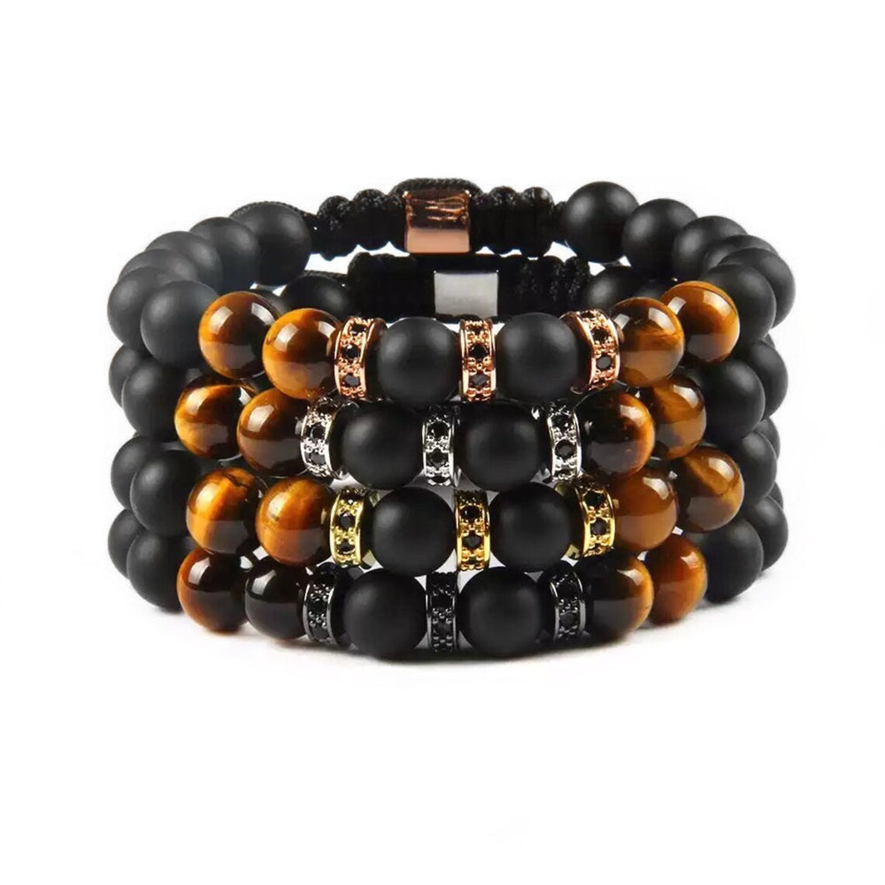 Black Onyx & Tiger Eye Bracelet, Matte Onyx Tiger's Eye & Black Color Steel Beads Bracelet