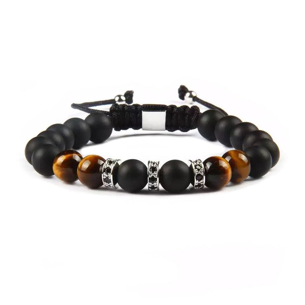 Black Onyx & Tiger Eye Bracelet, Matte Onyx Tiger's Eye & Silver Color Steel Beads Bracelet
