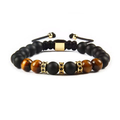 Black Onyx & Tiger Eye Bracelet, Matte Onyx Tiger's Eye & Gold Color Steel Beads Bracelet