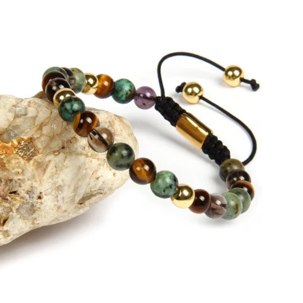 Tiger's Eye, Green Jasper, Smoky Quartz & Gold Color Beads Bracelet