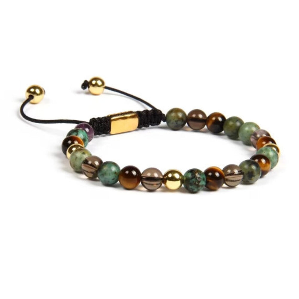 Tiger's Eye, Green Jasper, Smoky Quartz & Gold Color Beads Bracelet