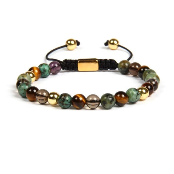 Tiger's Eye, Green Jasper, Smoky Quartz & Gold Color Beads Bracelet