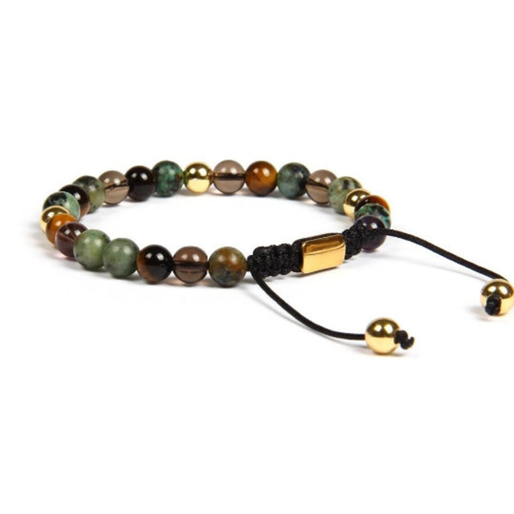 Tiger's Eye, Green Jasper, Smoky Quartz & Gold Color Beads Bracelet