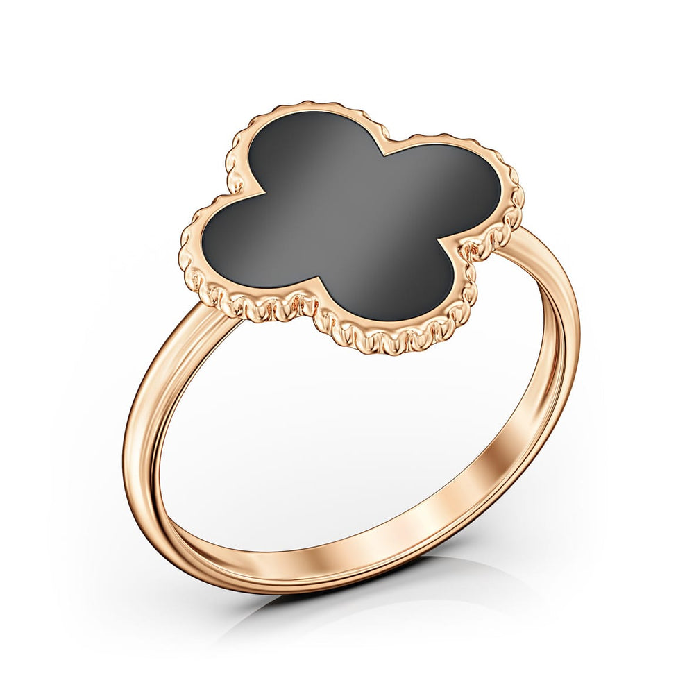 14K Solid Rose Gold Ring With Black Enamel Clover, Luxury Ring, Best Gift For Her