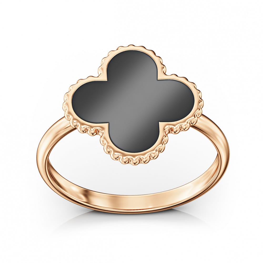 14K Solid Rose Gold Ring With Black Enamel Clover, Luxury Ring, Best Gift For Her