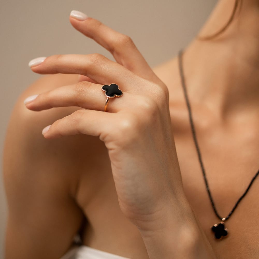 14K Solid Rose Gold Ring With Black Enamel Clover, Luxury Ring, Best Gift For Her