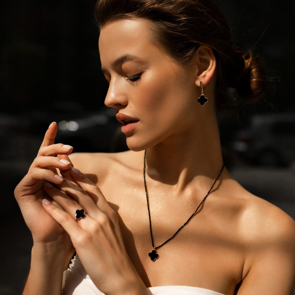 14K Solid Rose Gold Ring With Black Enamel Clover, Luxury Ring, Best Gift For Her