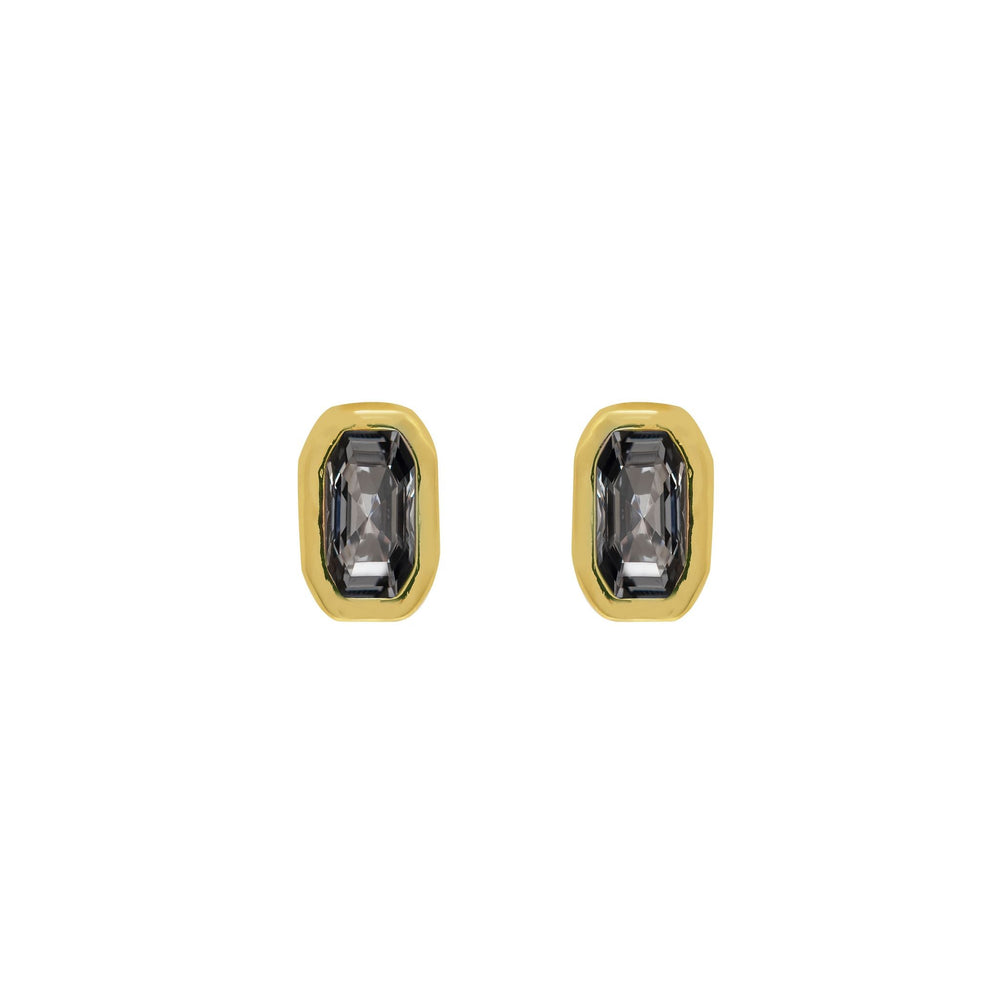 Gold plated stud earrings with rectangle Smoky Quartz crystal, Dark Grey