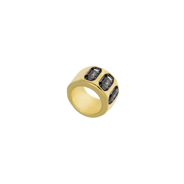 Gold Plated Wide Ring With Three Rectangle Smoky Quartz, Dark Crystals