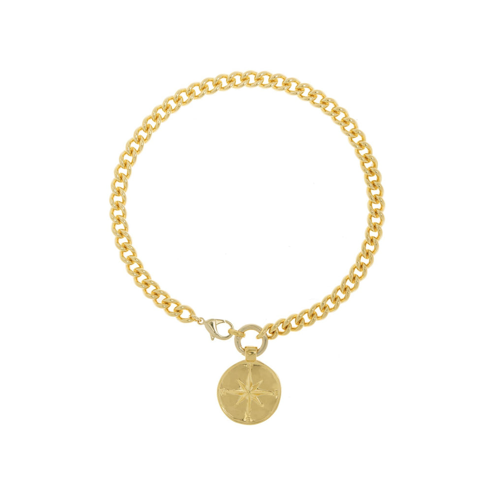 Gold plated curb chain necklace with one central double sided, compass and sun, coin