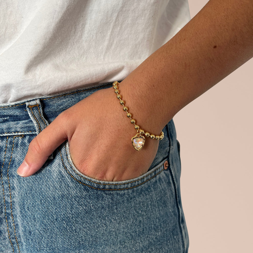 Gold Ball Chain Bracelet, Gold plated ball bracelet with one triangle crystal charm