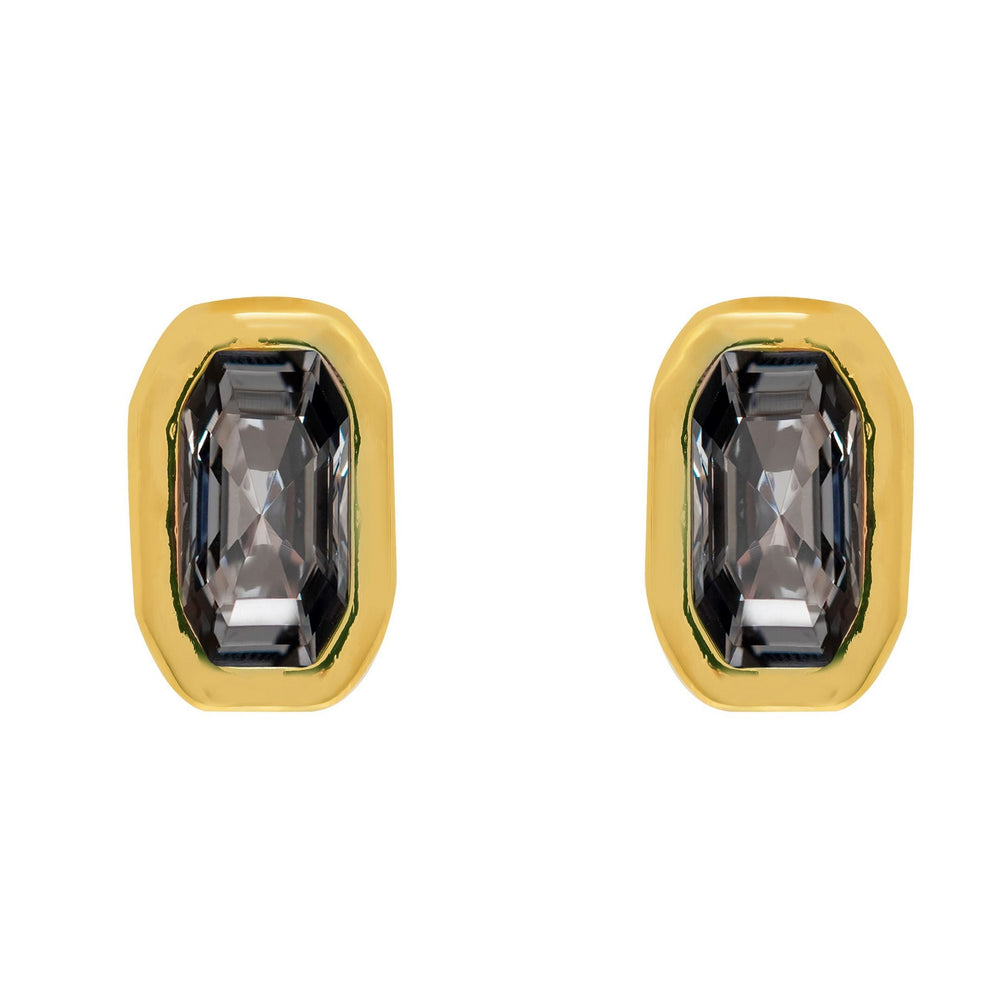 Gold plated stud earrings with rectangle Smoky Quartz crystal, Dark Grey