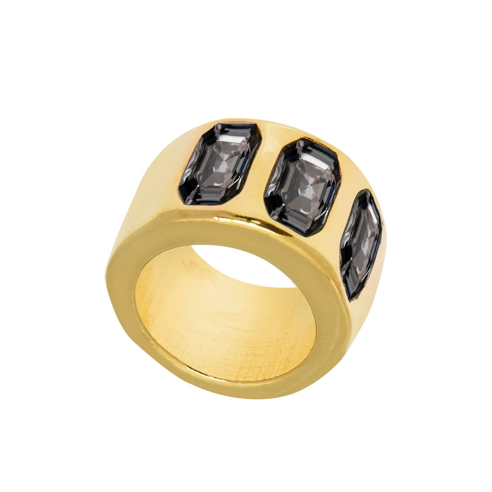 Gold Plated Wide Ring With Three Rectangle Smoky Quartz, Dark Crystals