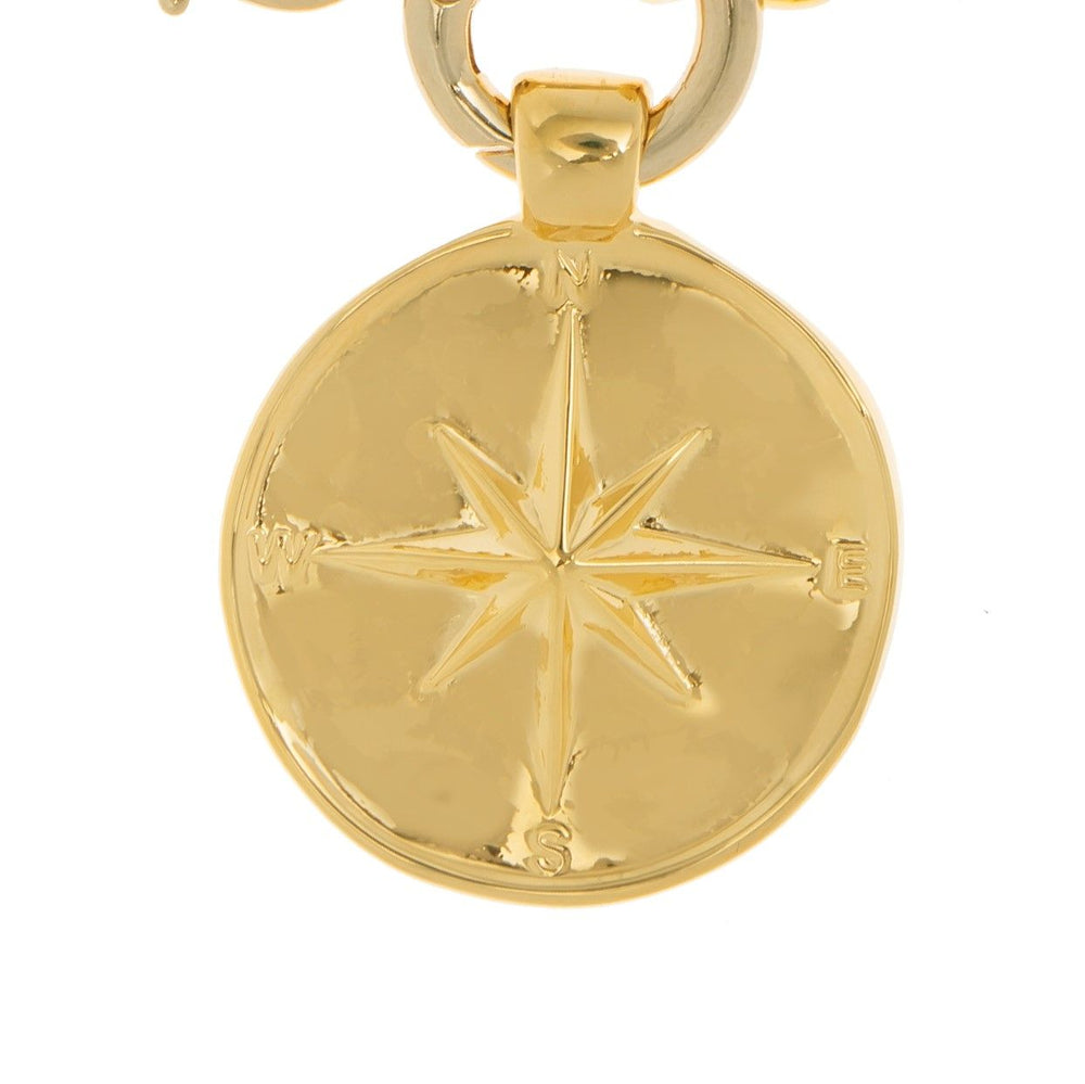 Gold plated curb chain necklace with one central double sided, compass and sun, coin