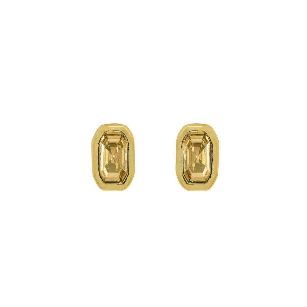 Gold plated stud earrings with rectangle Citrine, Yellow crystal