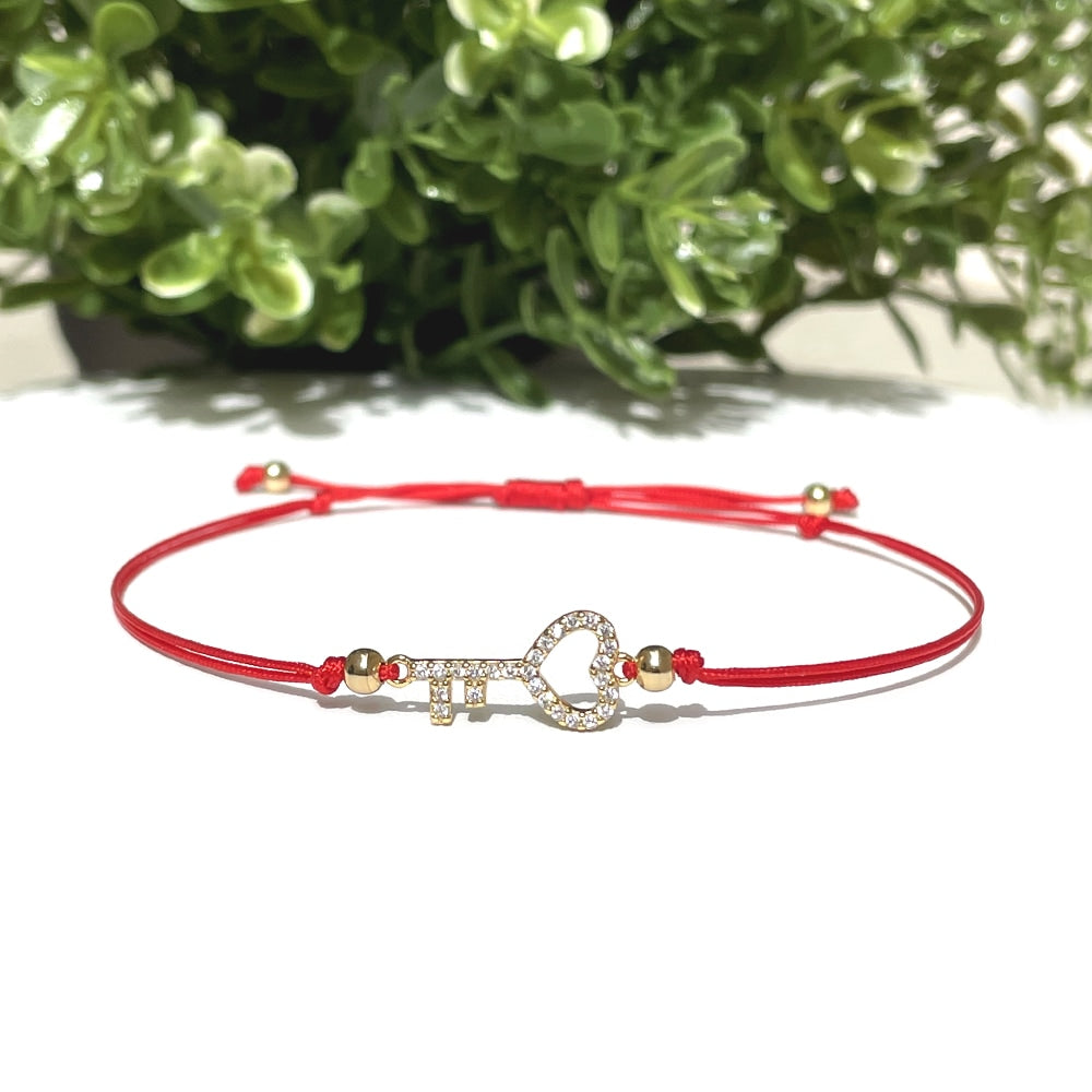 Gold Key Charm Red String Bracelet