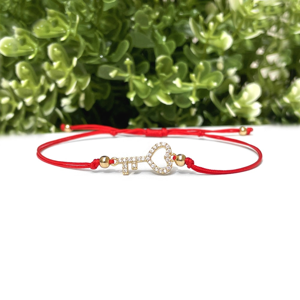 Gold Key Charm Red String Bracelet