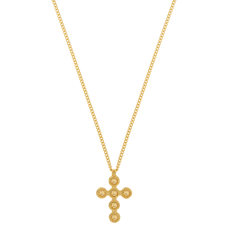 Gold Round Cross Necklace, Gold plated small hanging cross with six circle crystals chain necklace