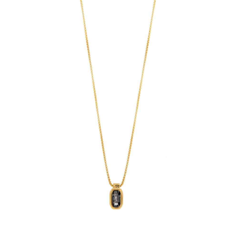 Gold plated mini-cube long chain necklace. Hanging rectangle with one crystal