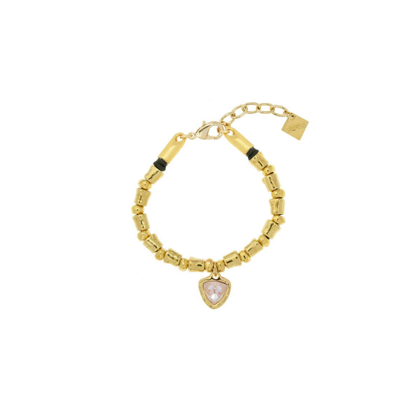 Gold Beads Bracelet Clear Rose Quartz, Gold Plated Irregular And Round Beads Bracelet With One Triangle Pink Crystal