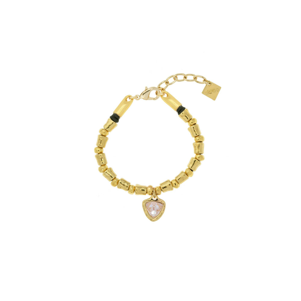 Gold Beads Bracelet Clear Rose Quartz, Gold Plated Irregular And Round Beads Bracelet With One Triangle Pink Crystal