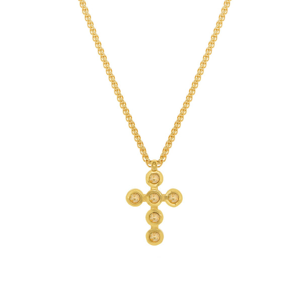 Gold Round Cross Necklace, Gold plated big hanging cross with six circle crystals chain necklace