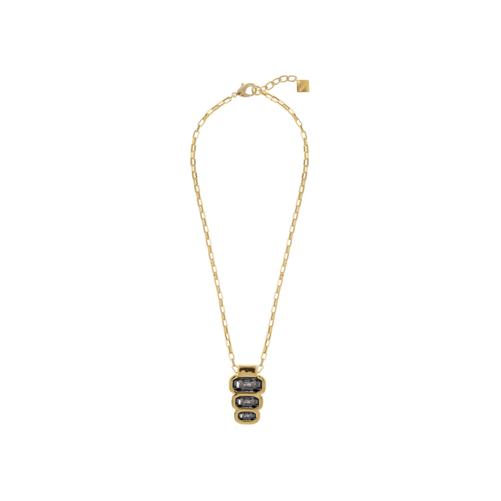 Gold plated short chain necklace with a hanging piece with three different size crystals