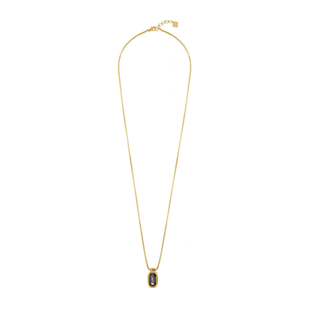 Gold plated mini-cube long chain necklace. Hanging rectangle with one crystal