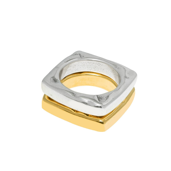 Two separate square rings, silver and gold